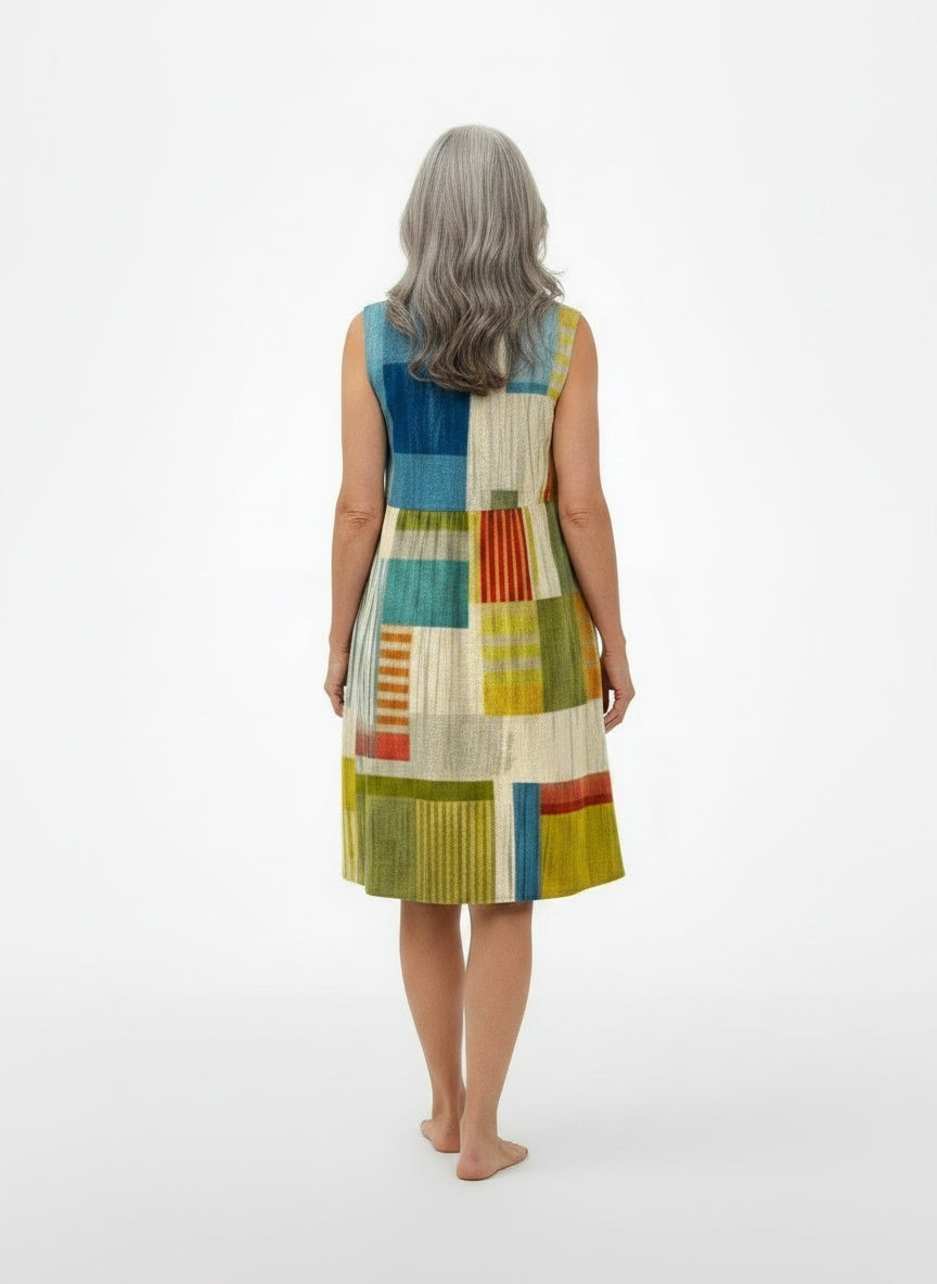 Back pose of the model wearing Amélie – Zomerjurk met stralend geometrisch patroon voor vrouwen