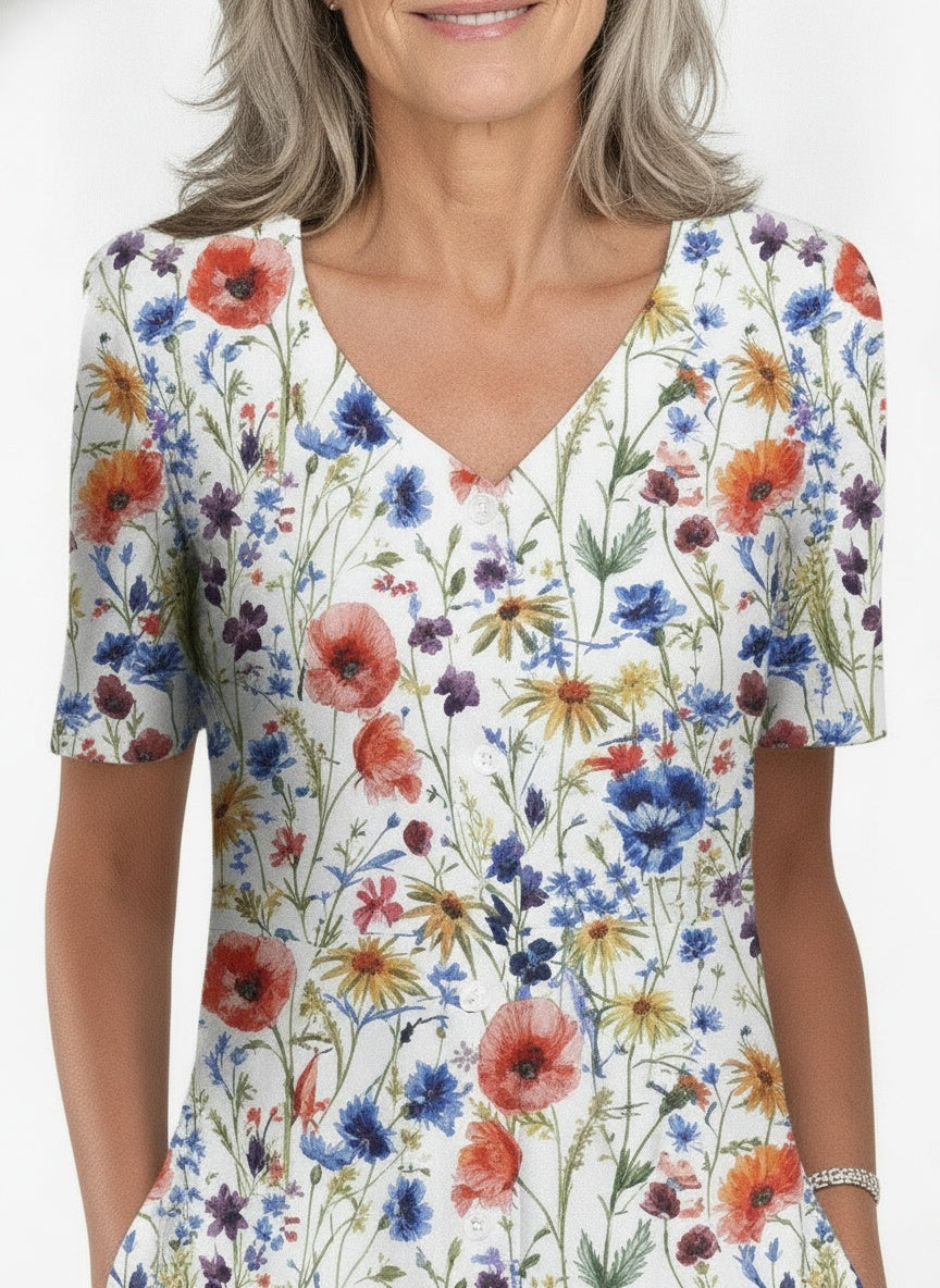 Close-up of the model wearing Midi zomerjurk met patronen voor dames