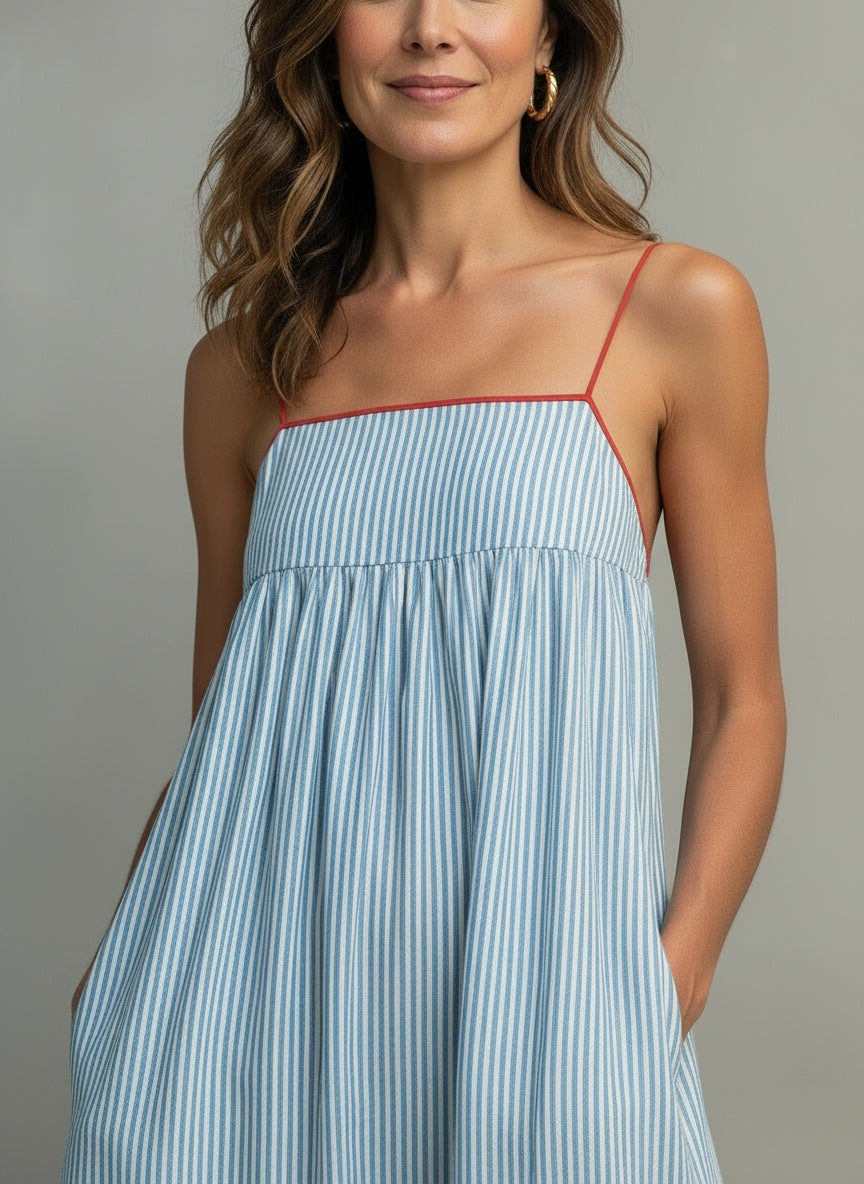 Close-up of the model wearing Maxijurk met fijne schouderbanden en bies voor dames