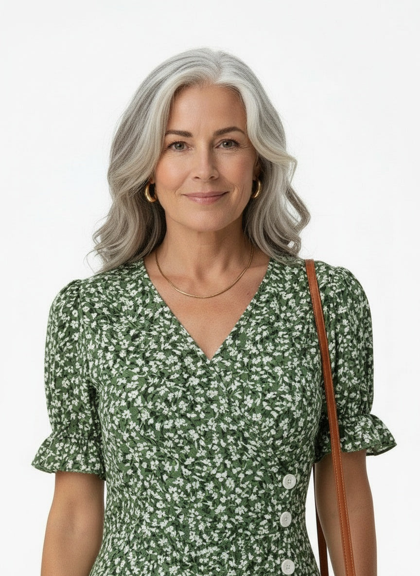 Close-up of the model wearing Zomer portefeuille jurk voor dames met bloemenprint en volantmouwen