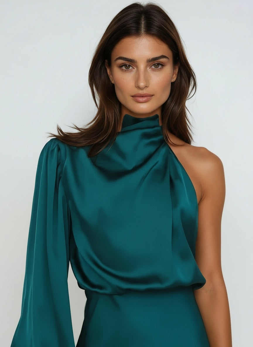 Close-up of the model wearing Asymmetrische satijnen avondjurk met één schouder – elegante mini/midi snit
