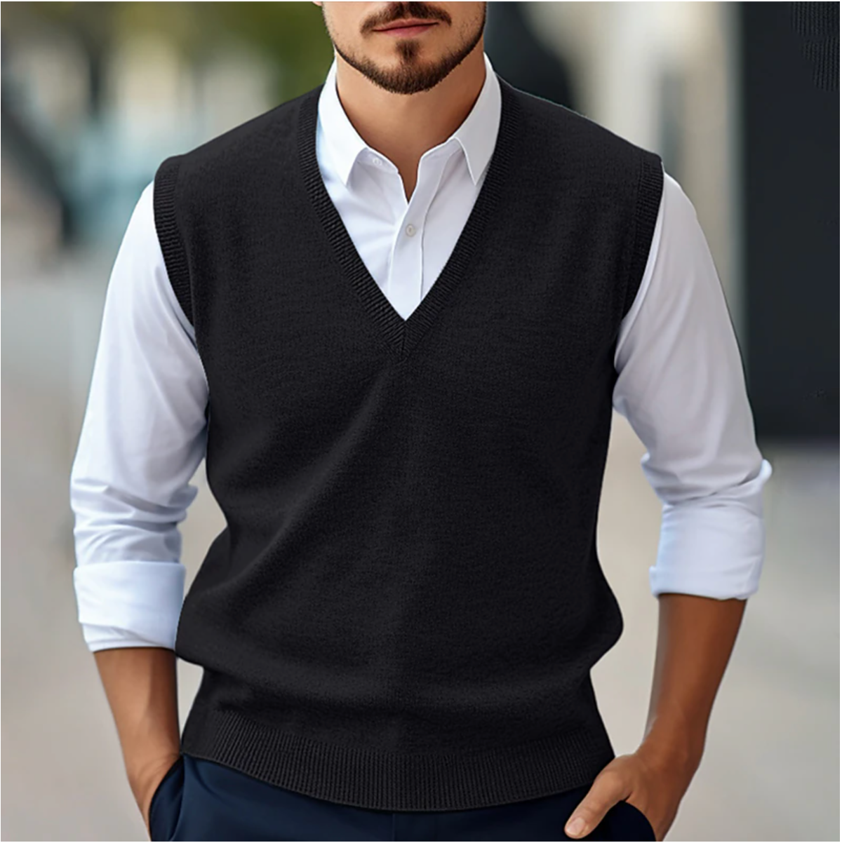 Gilet homme sans manches à col V en maille côtelée 5