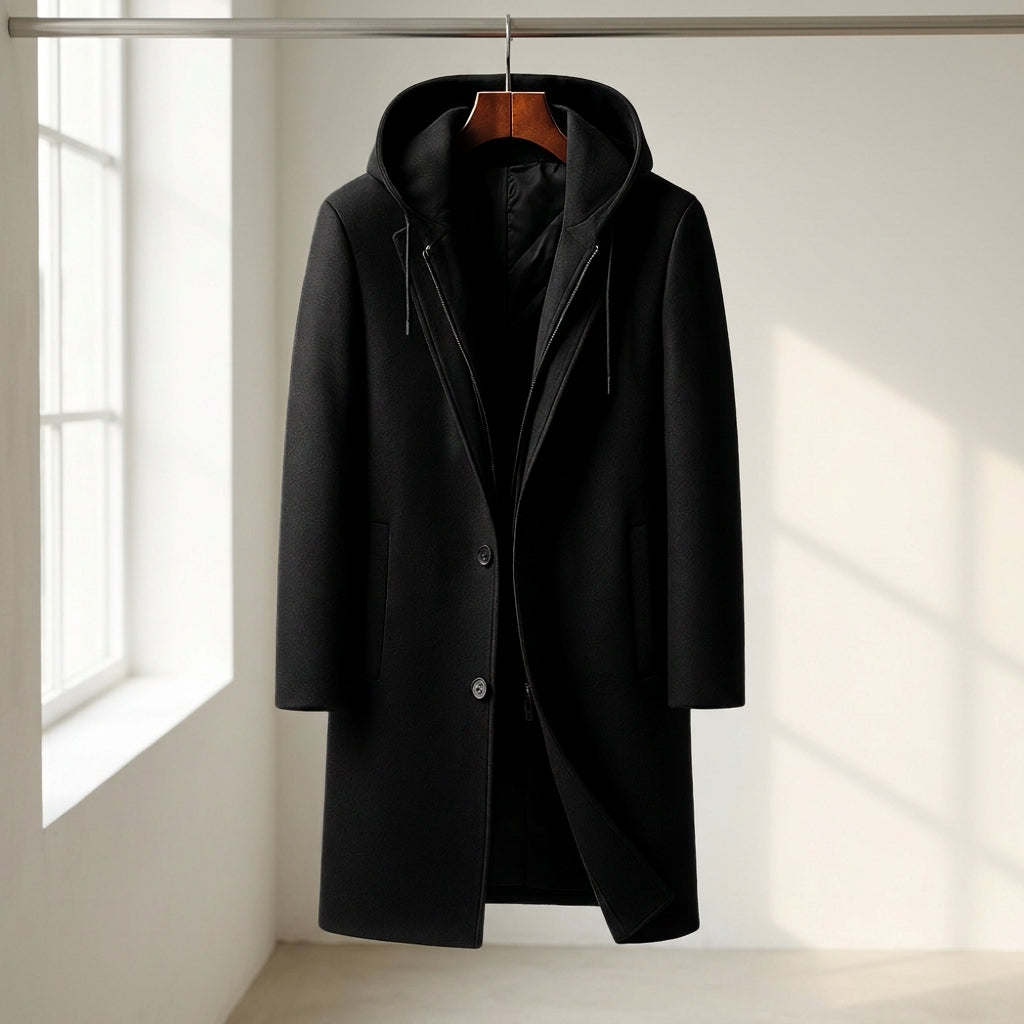 Manteau en laine homme mi-long à capuche amovible et col cranté 4