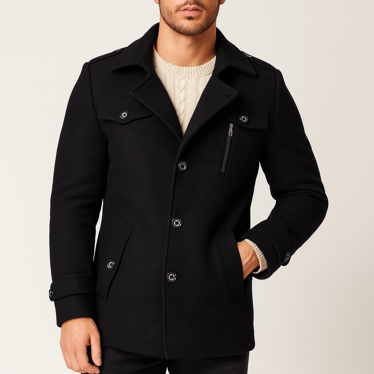 Manteau en laine homme mi-long à col chemise et poches à rabat 4