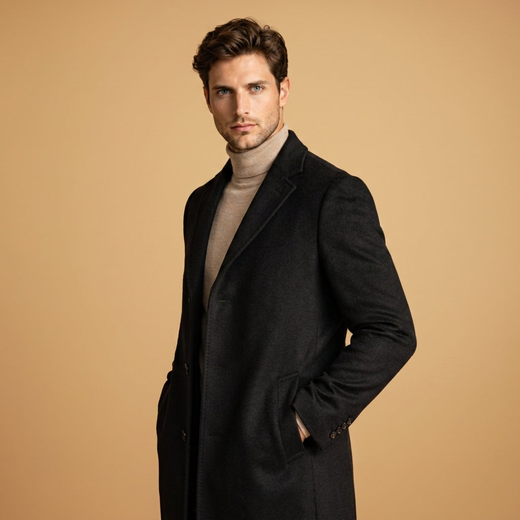 Manteau en laine homme mi-long à col cranté et simple boutonnage 8