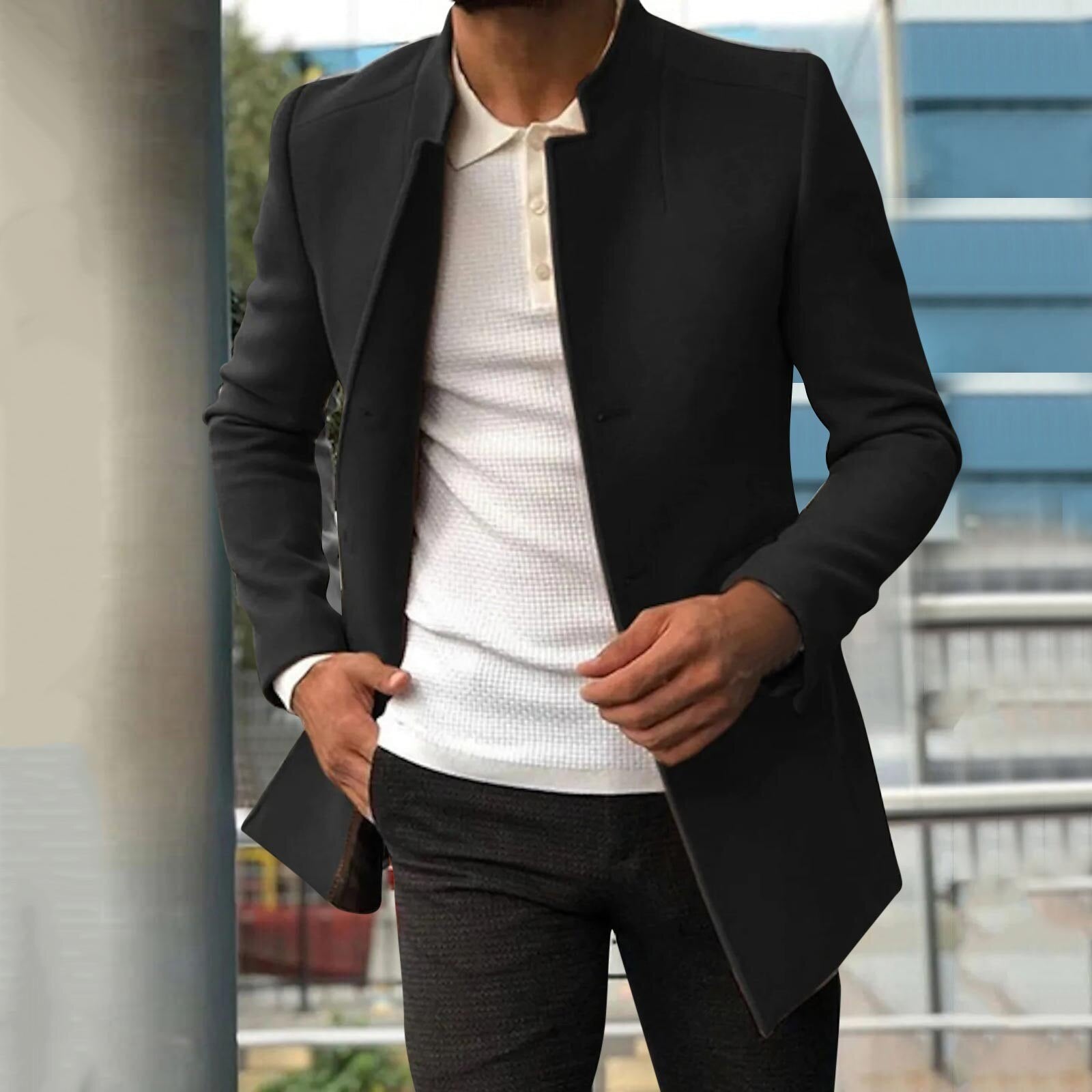Manteau en laine homme mi-long à col montant et coupe structurée 5