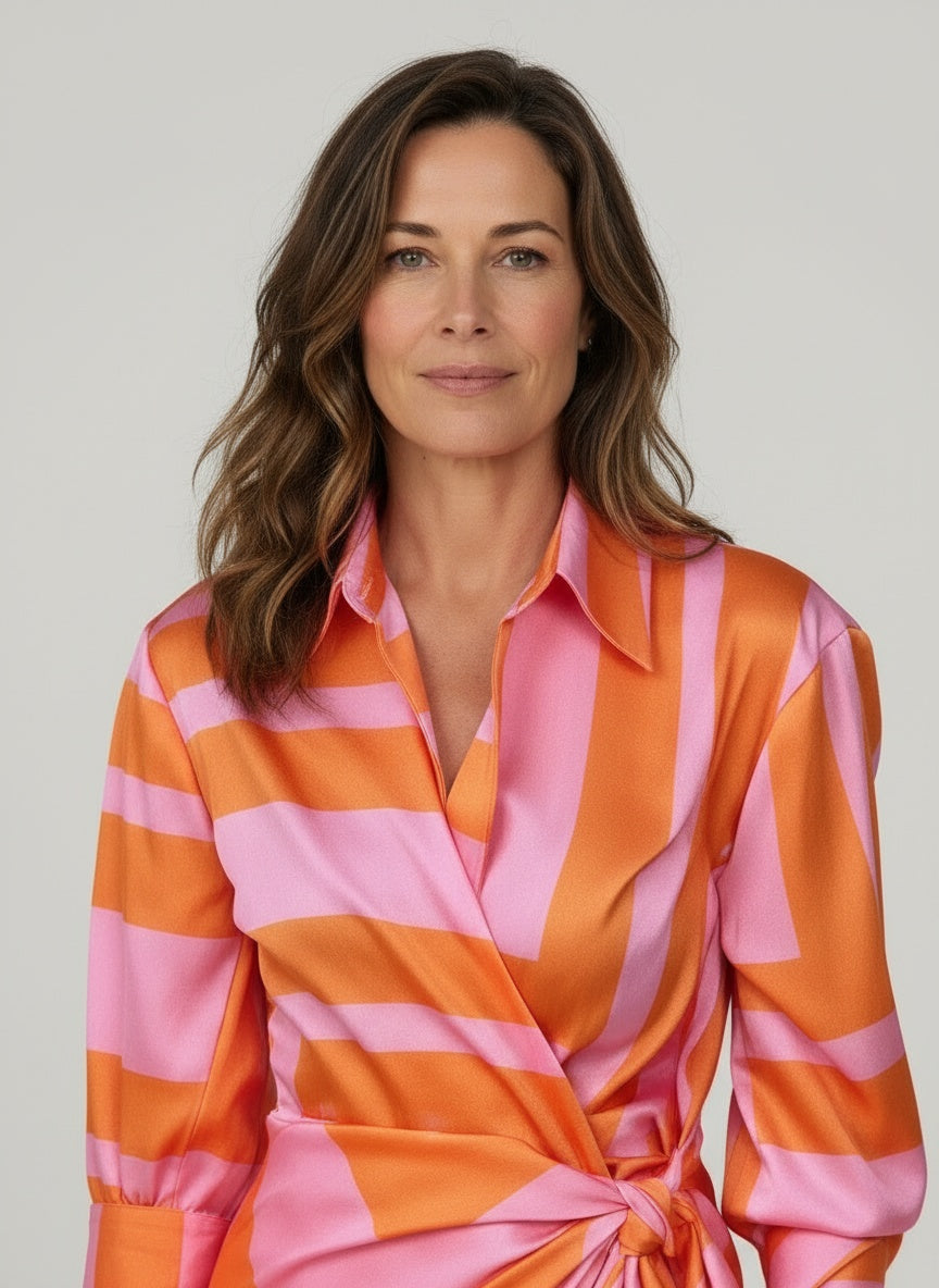 Close-up of the model wearing Midi wikkeljurk met driekwart mouwen voor dames