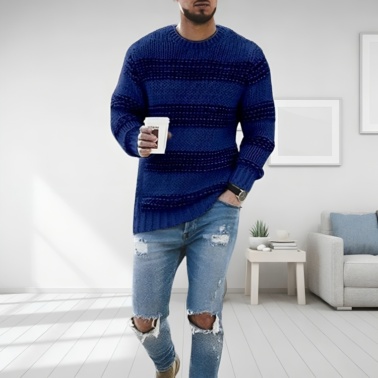 Pull col rond homme rayé en maille à manches longues 4