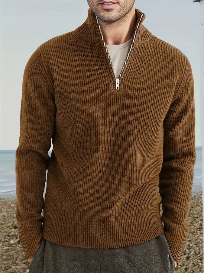 Pull homme côtelé à col montant zippé manches longues 7