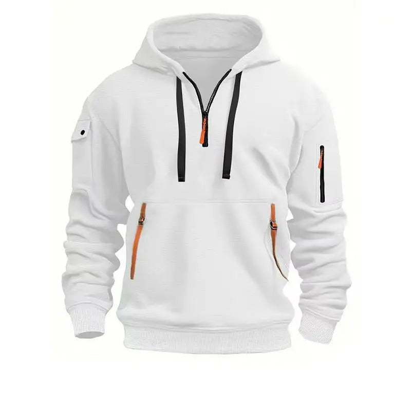 Sweat à capuche homme demi-zip à poches zippées et poche manche 7