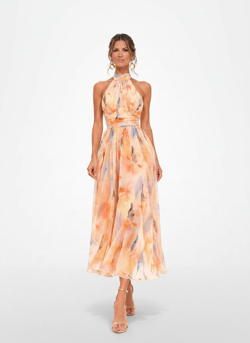 Full body view of the model wearing Maxi jurk met bloemenprint perzik soepel rugloos bruidsgast jurk voor dames
