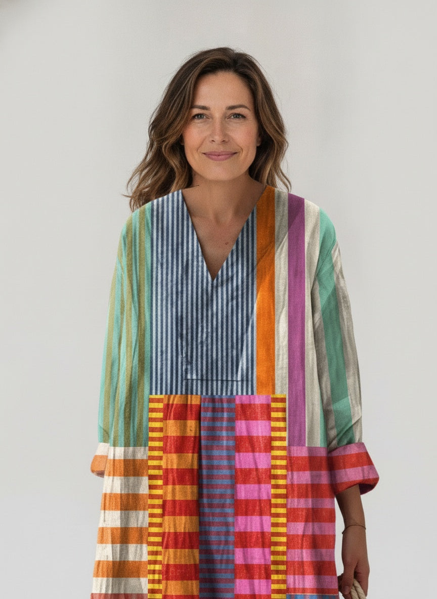 Close-up of the model wearing Maxi jurk oversized in linnen met kleurblokstrepen voor dames
