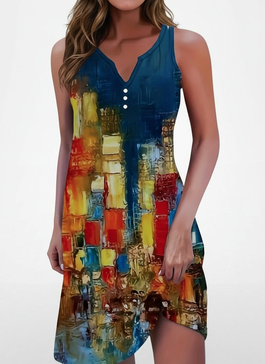 Full body view of the model wearing Mouwloze mini jurk voor dames