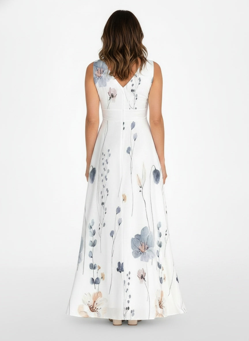 Back pose of the model wearing Midi-jurk met bloemenprint en V-hals voor dames