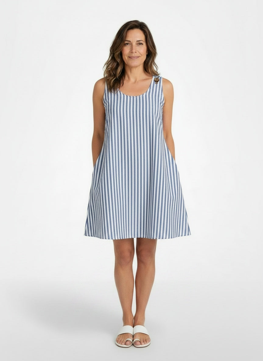 Full body view of the model wearing Mini jurk met mouwenloze gestreepte dames