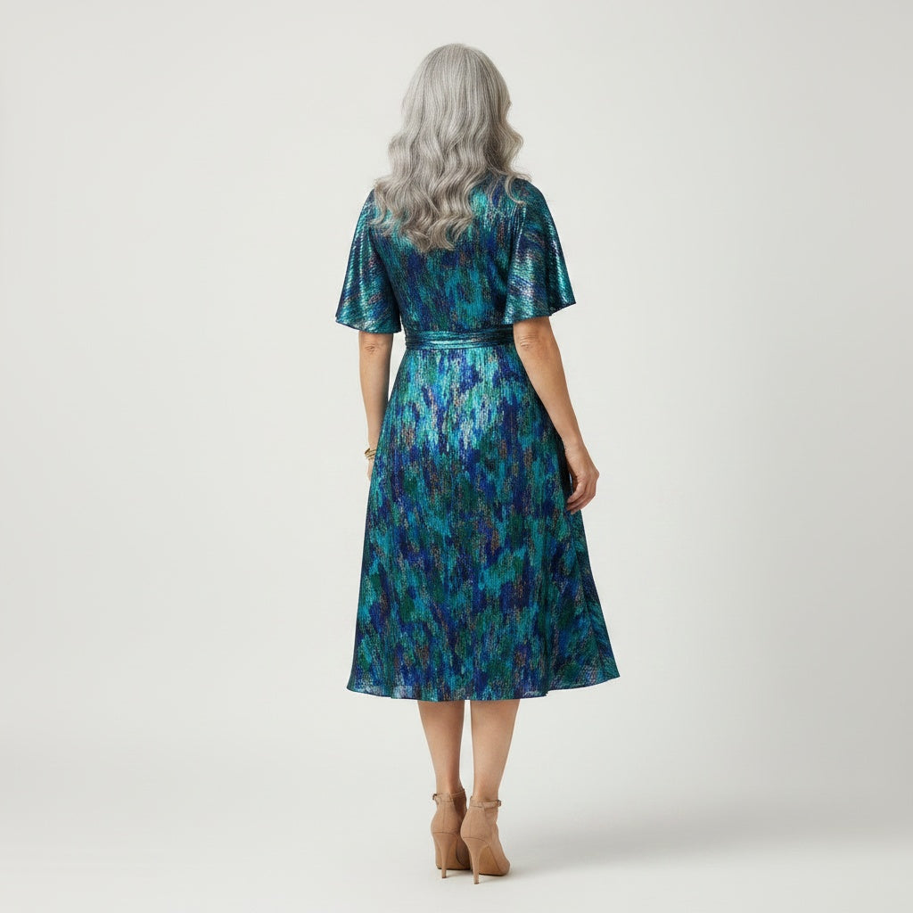 Back pose of the model wearing Midi zomerjurk voor vrouwen