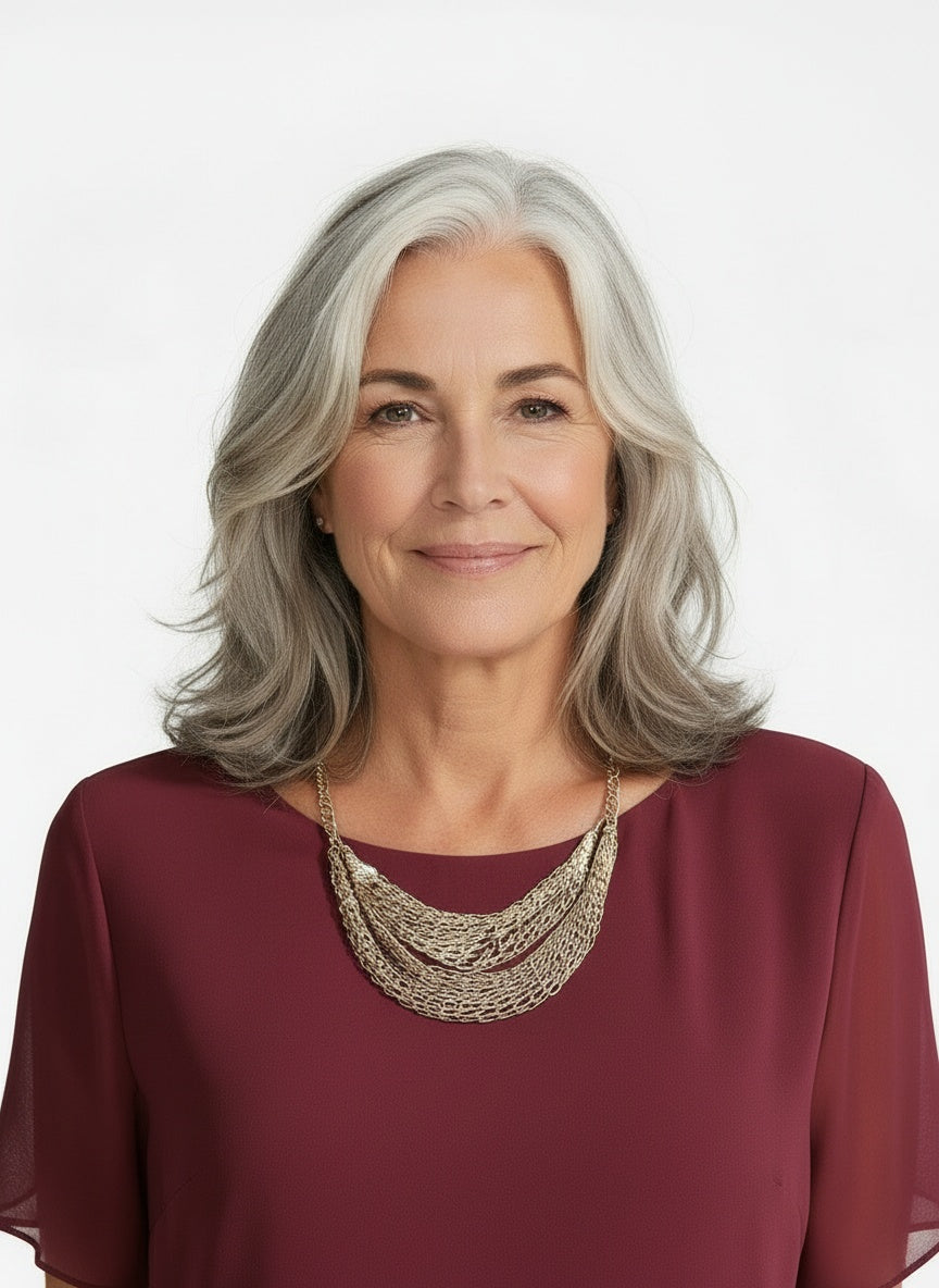 Close-up of the model wearing Midi-jurk van chiffon met volants voor dames