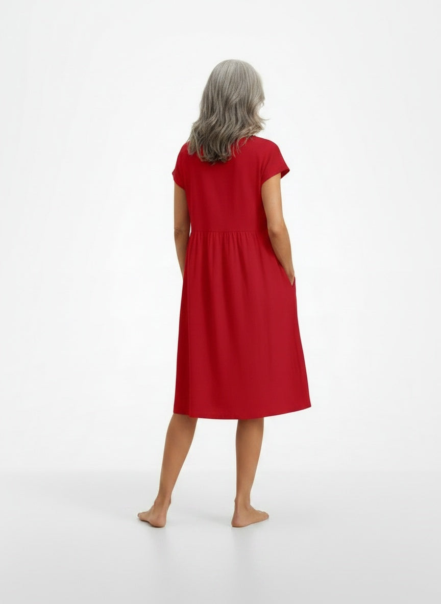 Back pose of the model wearing Elegante midi zomerjurk met korte mouwen voor dames