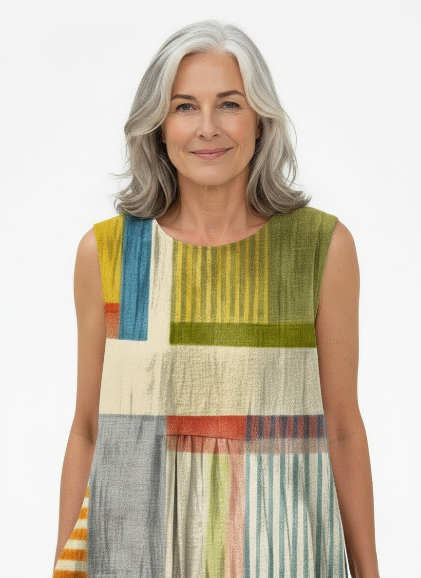 Close-up of the model wearing Amélie – Zomerjurk met stralend geometrisch patroon voor vrouwen