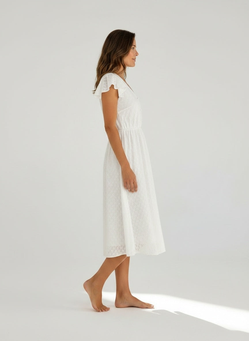 Side profile of the model wearing Midi zomerjurk met korte mouwen en ruffles voor dames