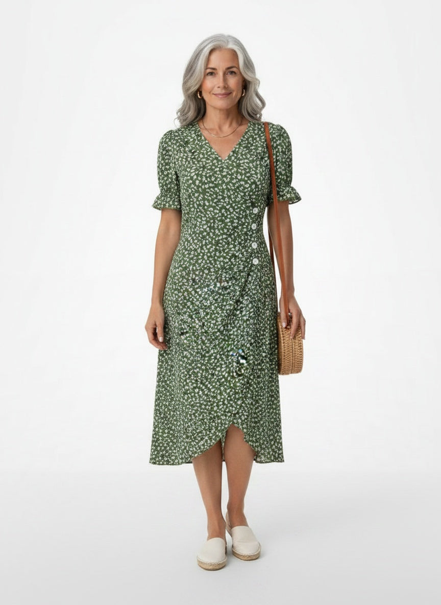 Full body view of the model wearing Luna – Zomer portefeuille jurk voor dames met bloemenprint en volantmouwen