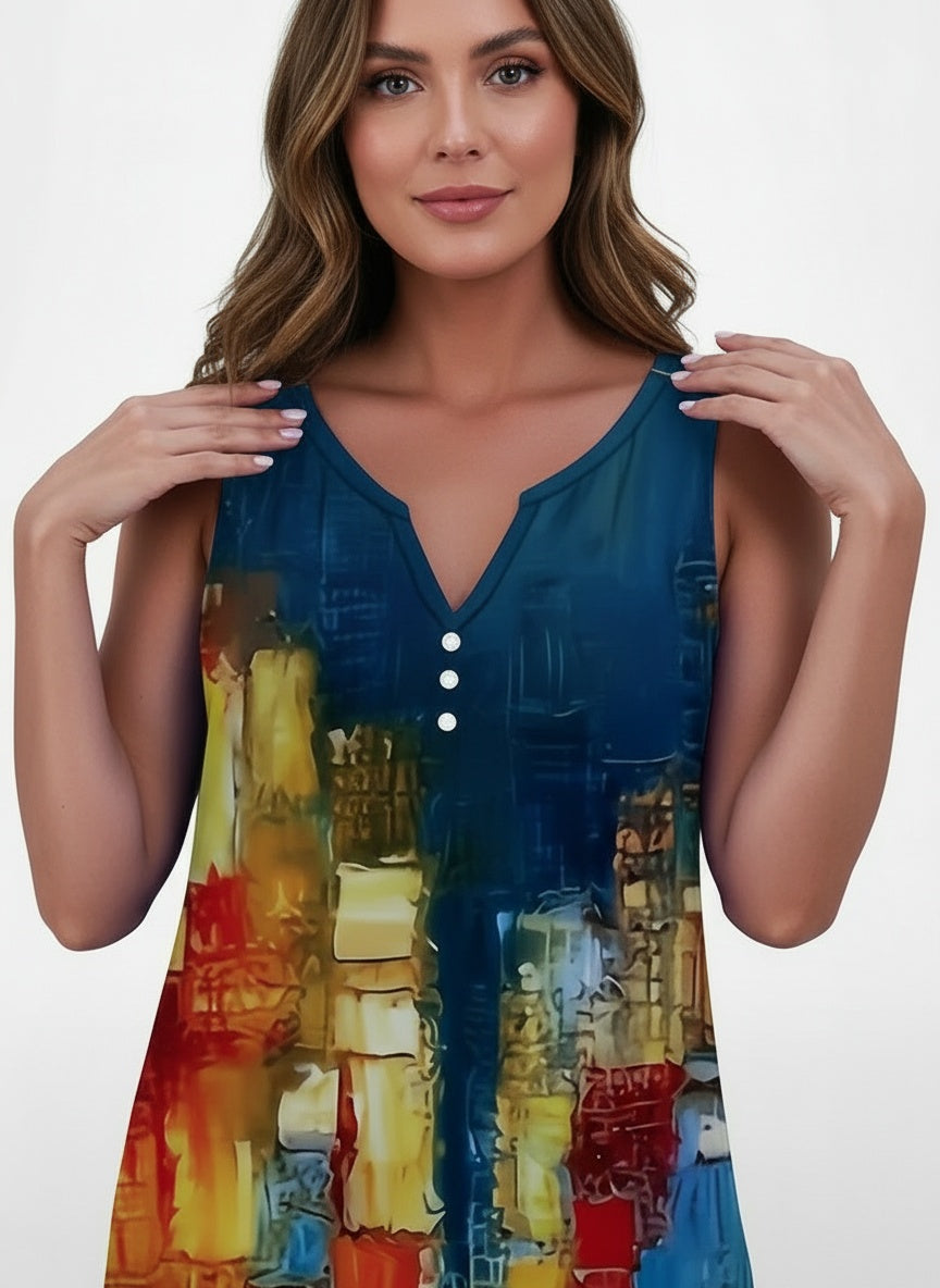 Close-up of the model wearing Mouwloze mini jurk voor dames