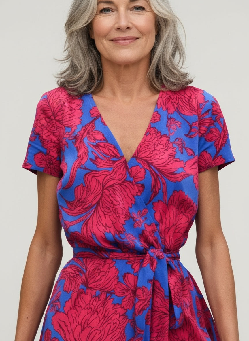 Close-up of the model wearing Midi portefeuille jurk met print voor dames
