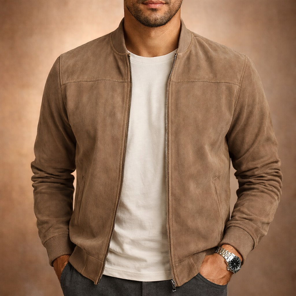 Blouson bomber en daim homme zippé à col côtelé coupe ajustée 1