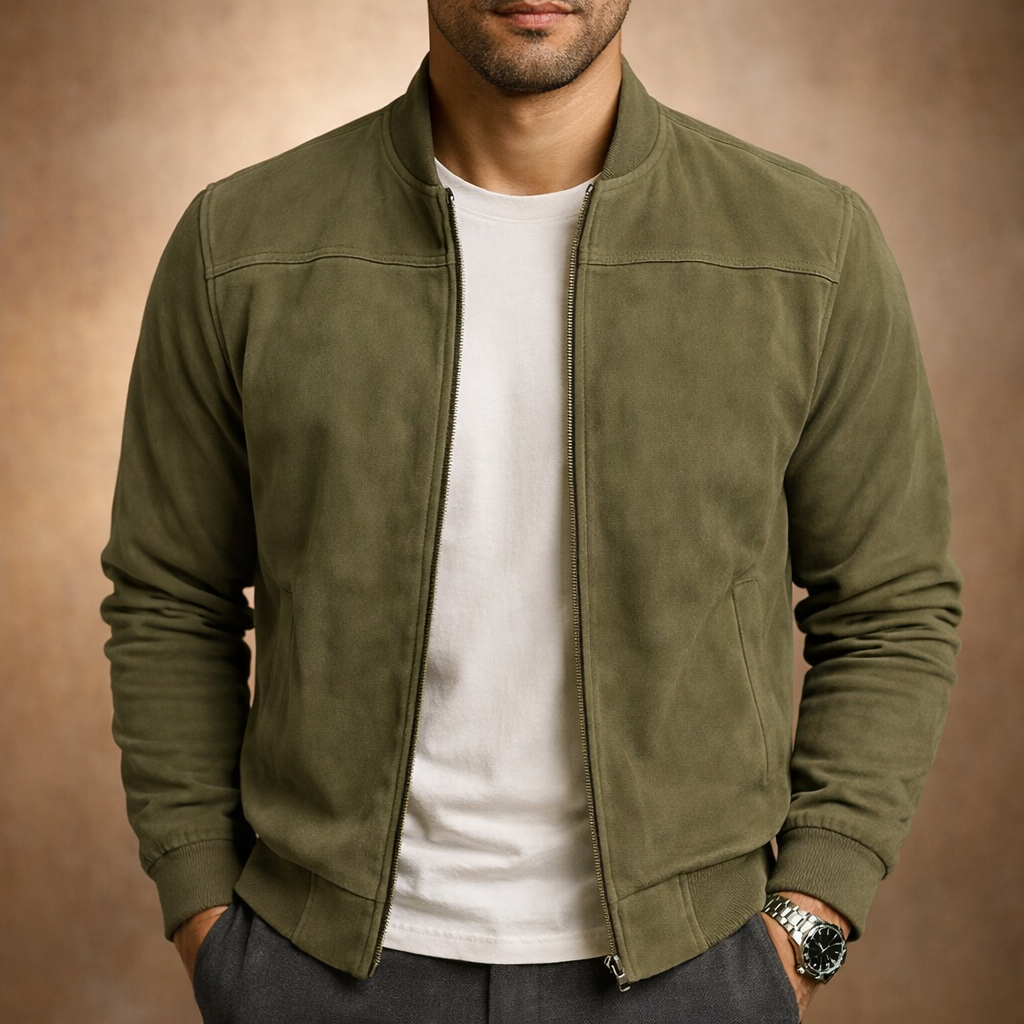 Blouson bomber en daim homme zippé à col côtelé coupe ajustée 2