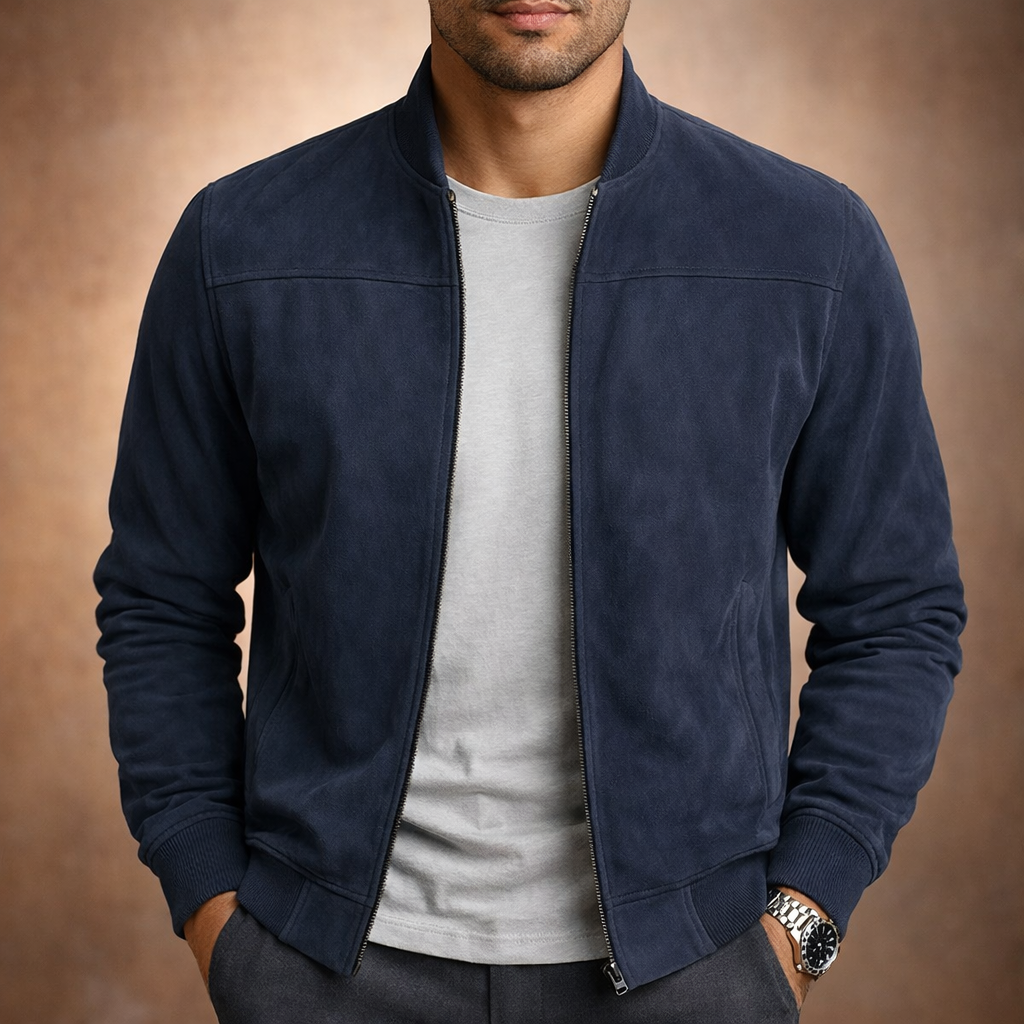 Blouson bomber en daim homme zippé à col côtelé coupe ajustée 3