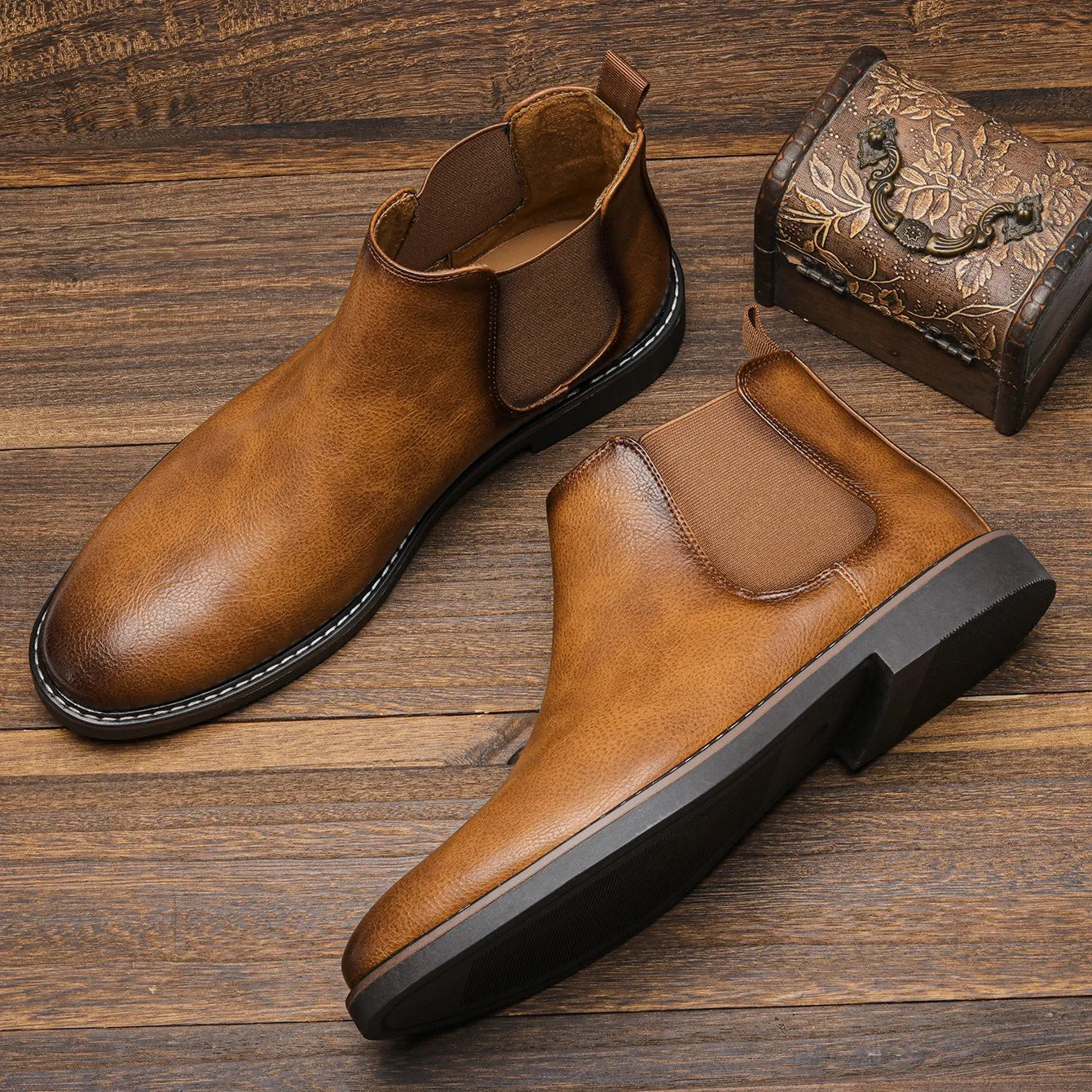 Bottines Chelsea homme en cuir sans lacets à bout rond 2