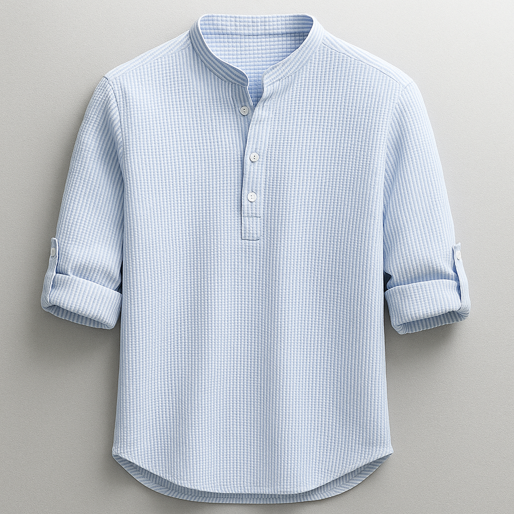 Chemise homme à col mao gaufrée manches retroussées 1