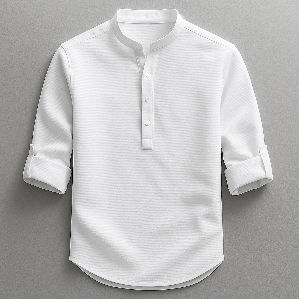 Chemise homme à col mao gaufrée manches retroussées 2