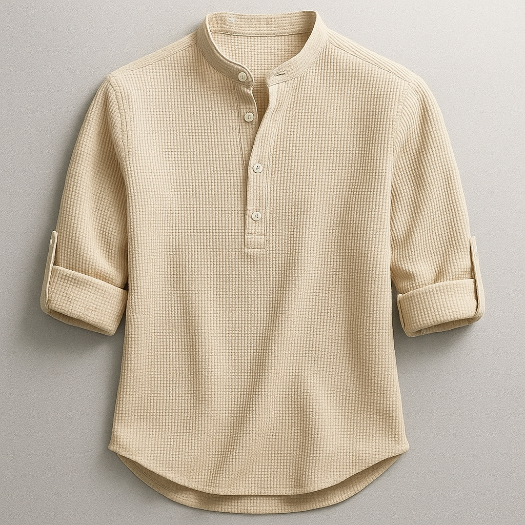 Chemise homme à col mao gaufrée manches retroussées 3