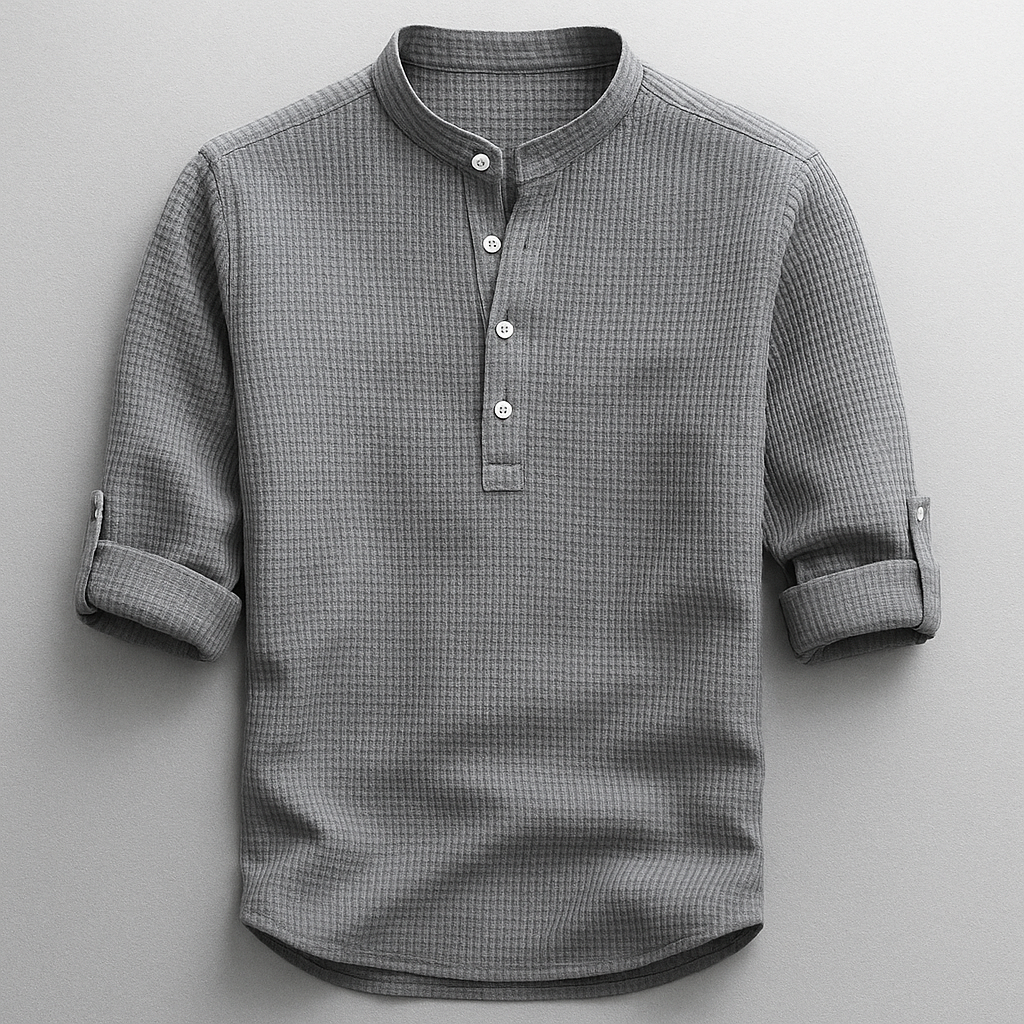 Chemise homme à col mao gaufrée manches retroussées 4