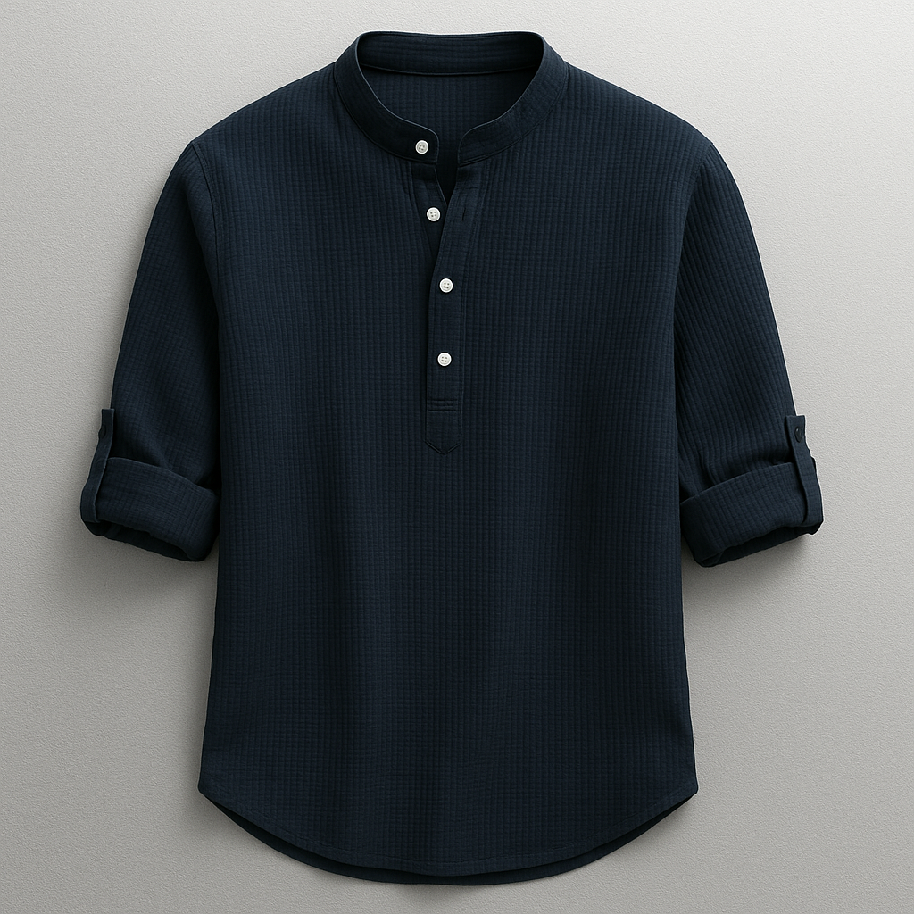 Chemise homme à col mao gaufrée manches retroussées 5