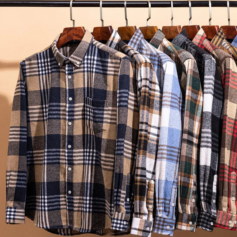 Chemise homme en flanelle de coton à carreaux à manches longues 19