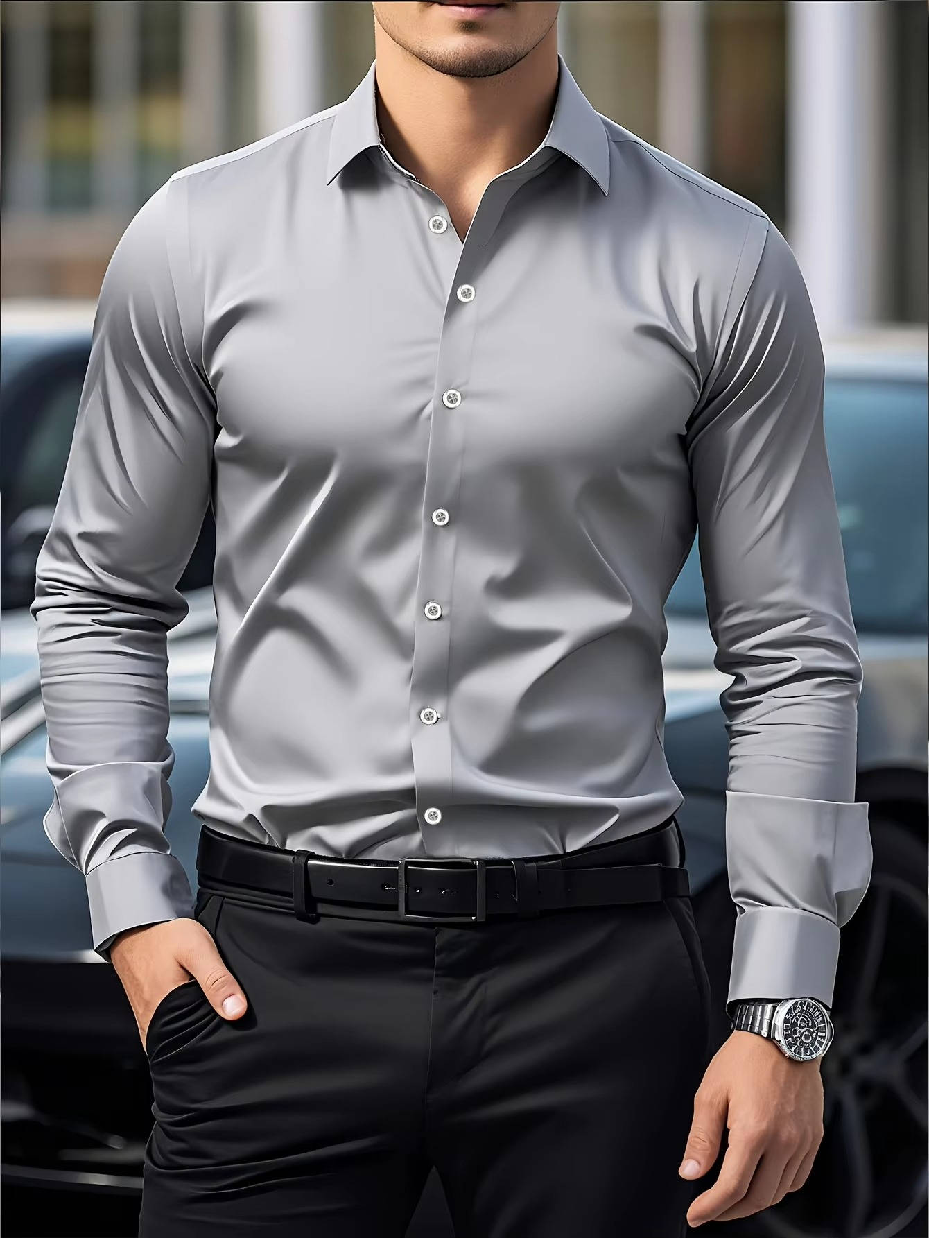Chemise homme stretch infroissable à manches longues col italien 4