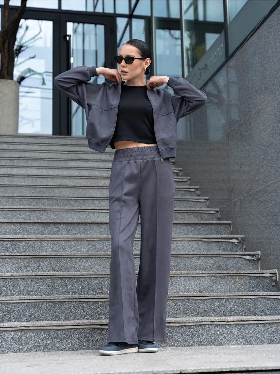 Ensemble velours femme deux pièces, veste courte et pantalon taille haute 1