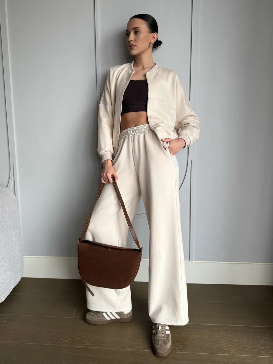 Ensemble velours femme deux pièces, veste courte et pantalon taille haute 2
