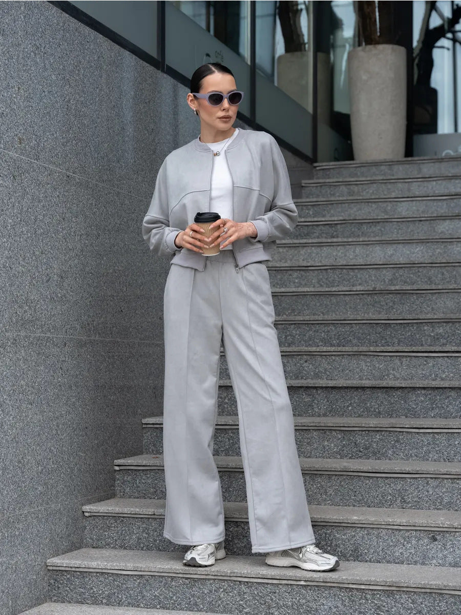 Ensemble velours femme deux pièces, veste courte et pantalon taille haute 3