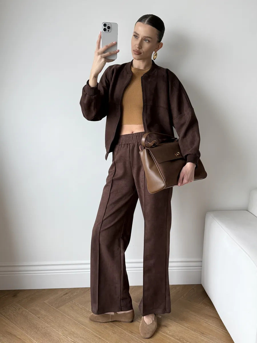 Ensemble velours femme deux pièces, veste courte et pantalon taille haute 4