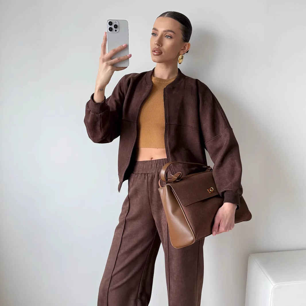 Ensemble velours femme deux pièces, veste courte et pantalon taille haute 6