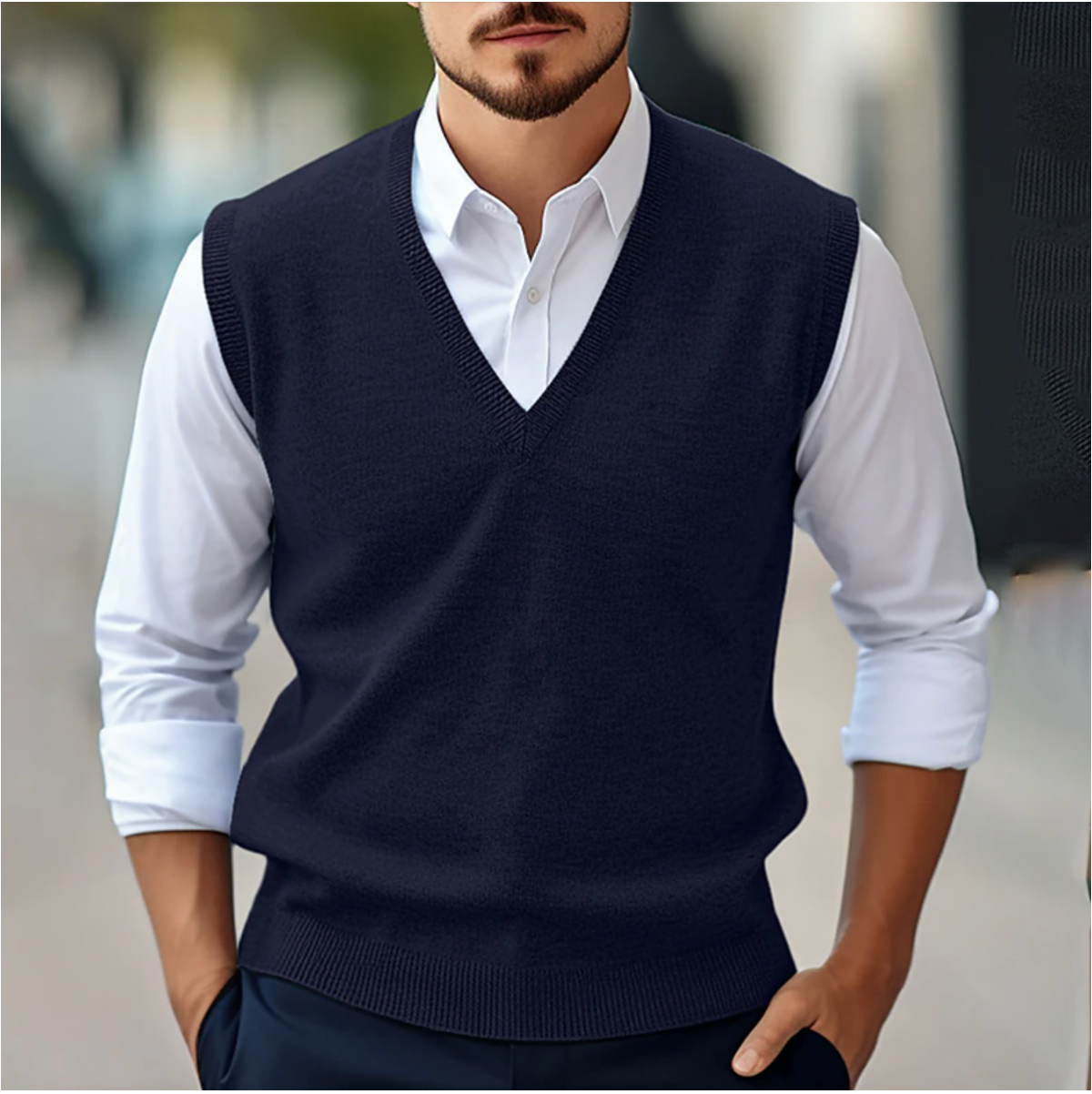 Gilet homme sans manches à col V en maille côtelée 3