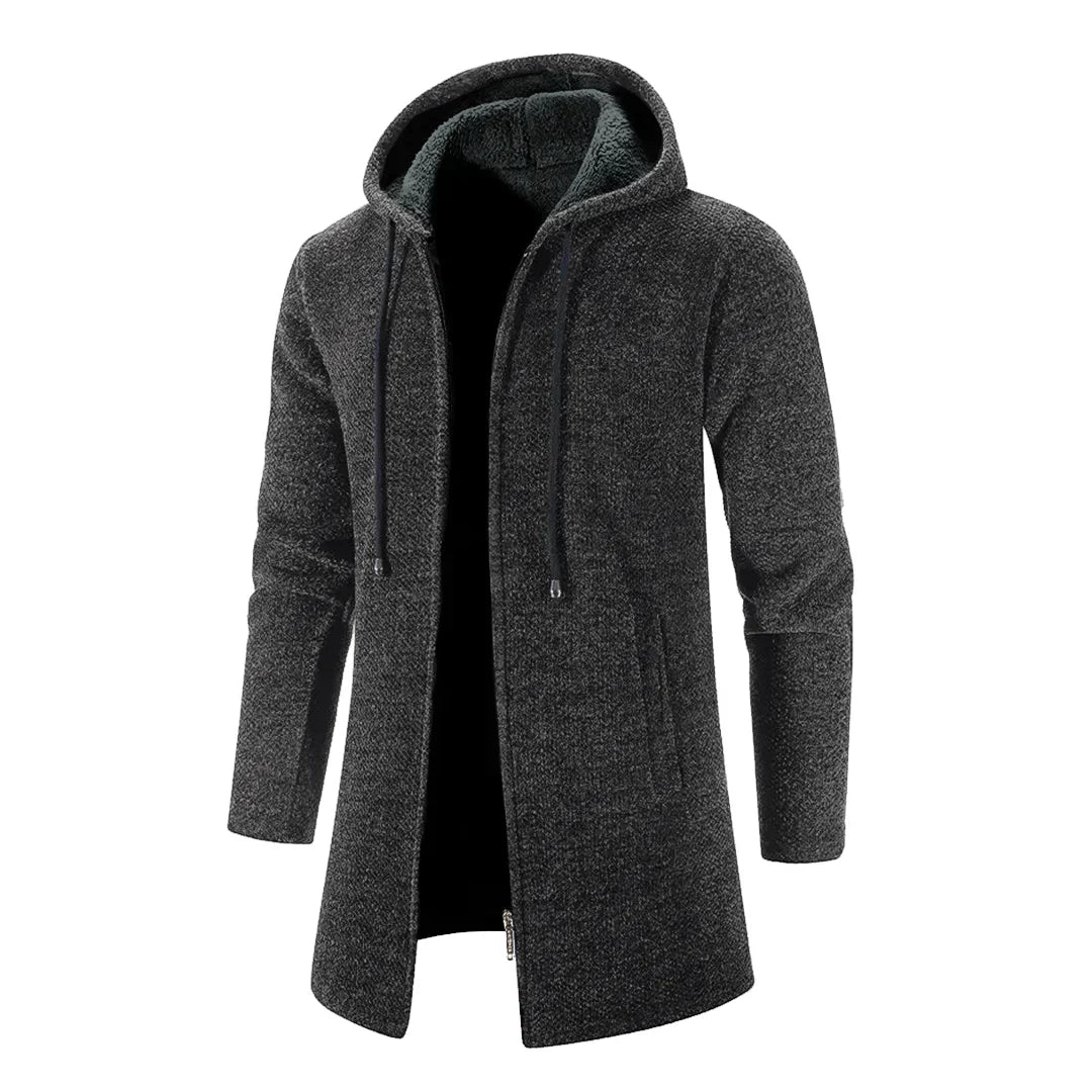 Gilet long à capuche homme zippé en maille à manches longues 1