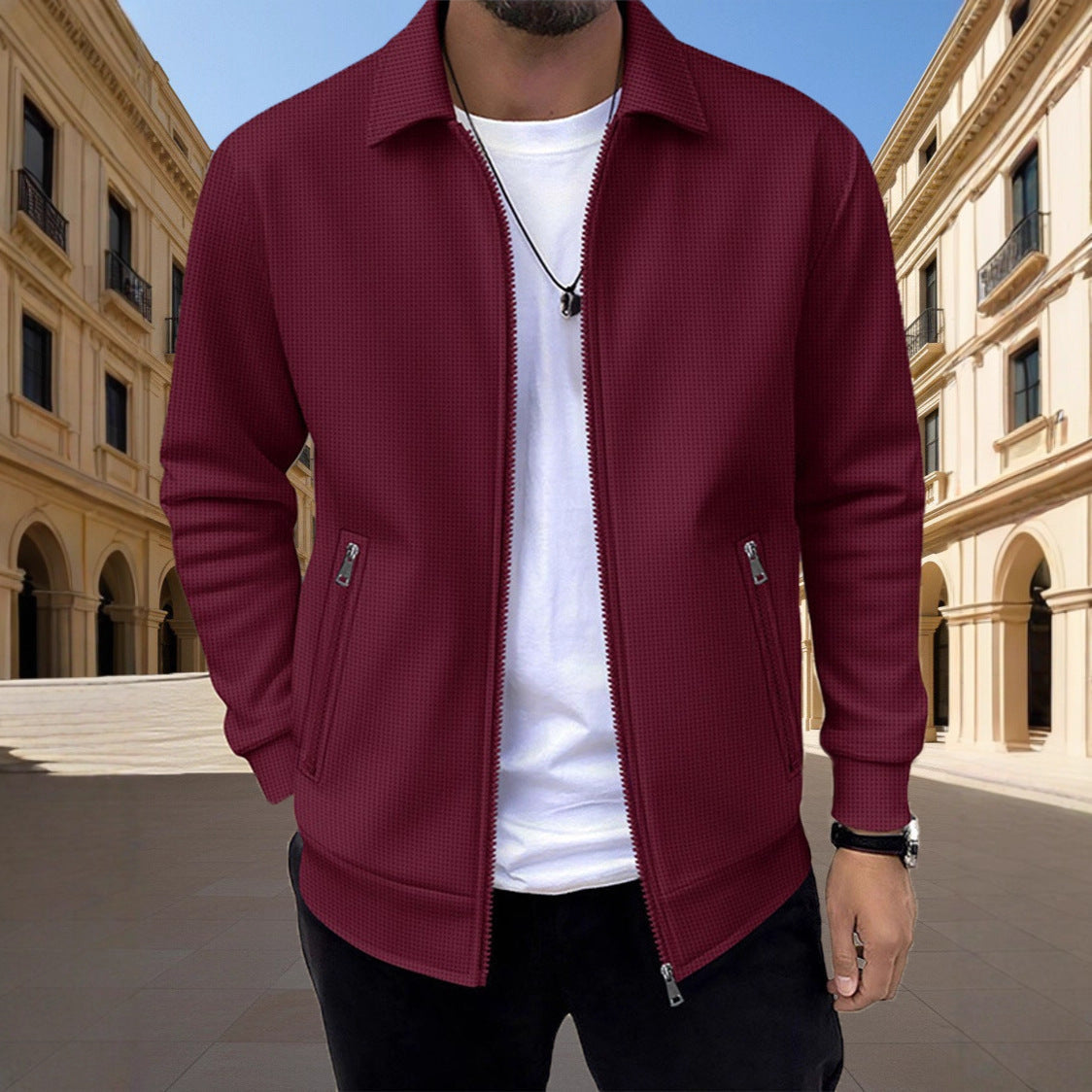 Gilet zippé homme en maille gaufrée à col chemise 7
