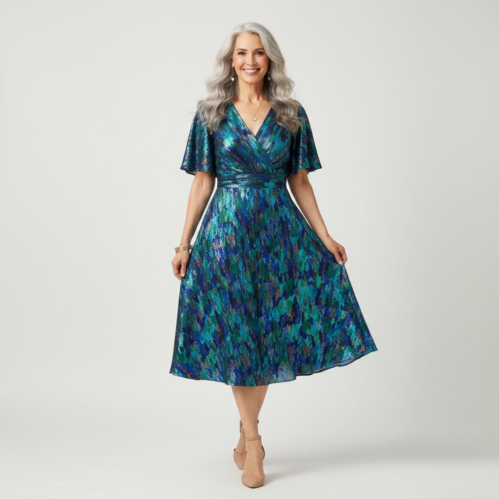 Full body view of the model wearing Midi zomerjurk voor vrouwen