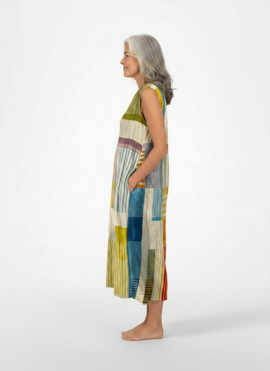 Side profile of the model wearing Amélie – Zomerjurk met stralend geometrisch patroon voor vrouwen