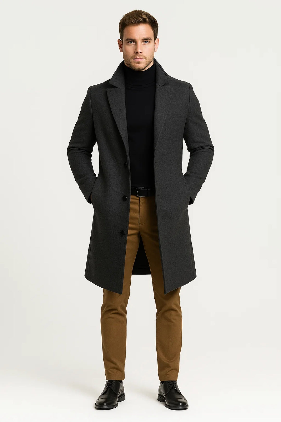 Manteau en laine homme long à col cranté et coupe ajustée 3