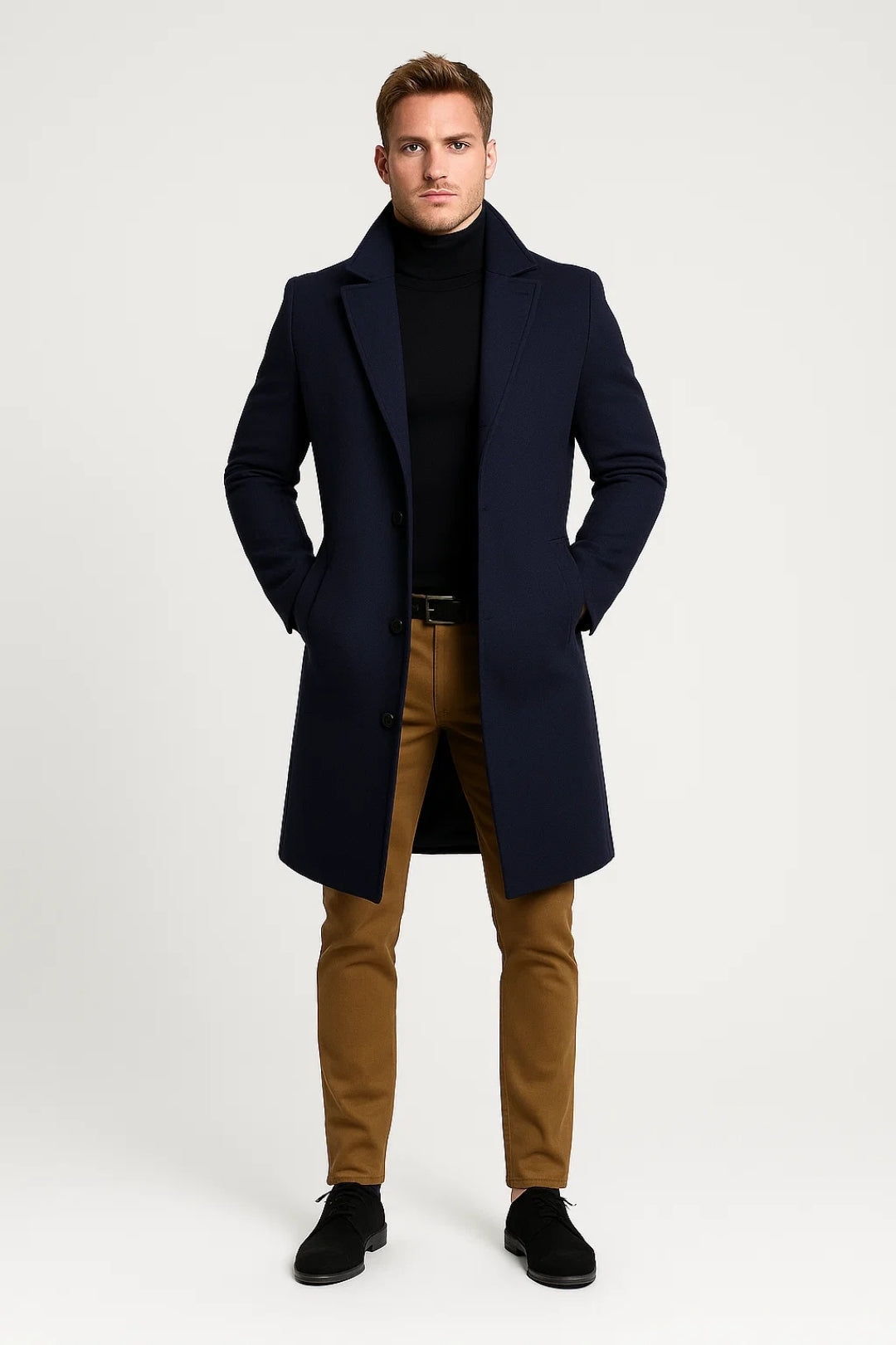 Manteau en laine homme long à col cranté et coupe ajustée 4